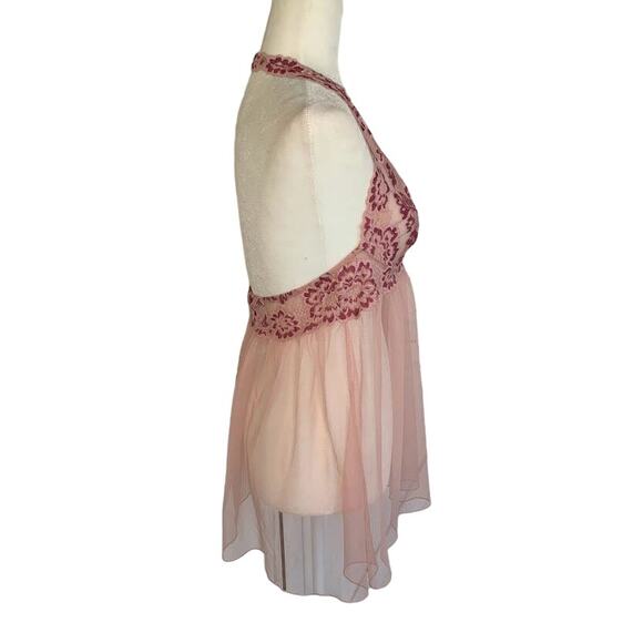 Victoria's Secret Babydoll Night Dress Women's L Pink Deep V Mesh Floral Lace - Picture 6 of 7